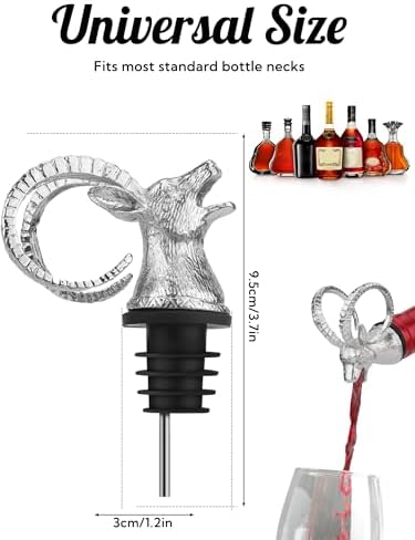 Ram Head Wine Pourer, Animal Wine Bottle Stopper and Liquor Pour Spout, Goat Antelope Wine Aerator with Silicone Rubber Fit, Metal Barware Gift for Wine Lovers, Fits Most Standard Bottles