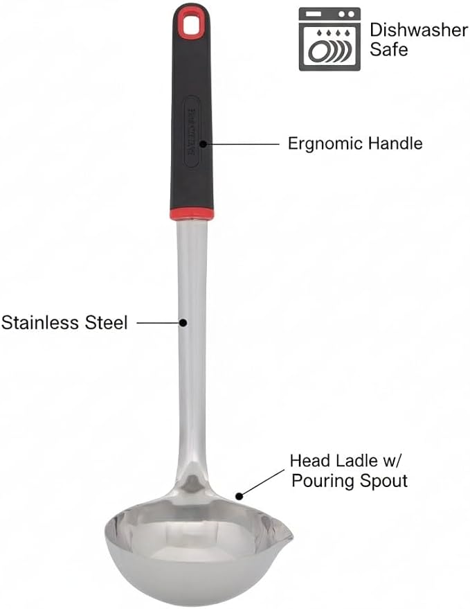 Farberware Stainless Steel Soup Ladle with Pour Spout, 12.5-Inch Kitchen Ladle Spoon for Soups, Stews, and Sauces - Dishwasher Safe Serving Ladle