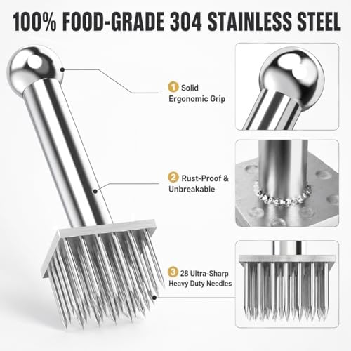 28-Needle Meat Tenderizer, 304 Stainless Steel Professional Meat Tenderizing Tool for Steak, Beef, Chicken, Pork, Heavy Duty Needle Blade Tenderizer for Kitchen BBQ Cooking