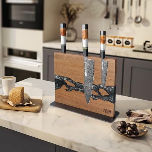 FINDKING Magnetic Knife Block, Double-Sided Knife Holder with Strong Magnets, Acacia Wood and Black White Resin, Countertop Kitchen Knife Storage Stand (12 × 10 Inches, Without Knives)