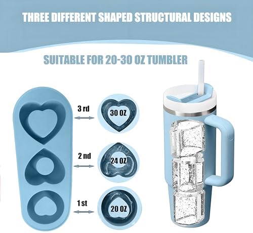 Ice Cube Trays for Stanley Cup 20 30 40 OZ Tumbler Ice Mold Heart Shape Silicone Ice Cube Tray with Lid, Stanley Ice Mold and Maker Ice Cube for Cocktails, Whisky, Juice (20-30 OZ, Blue)