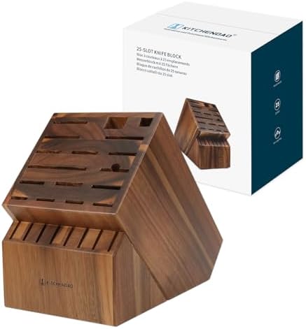 KITCHENDAO 25 Slot Acacia Wood Knife Block without Knives, Large Universal Knife Holder for Kitchen, Holding Multiple Types of Knives, Countertop Butcher Block Knife Stand for Easy Kitchen Storage