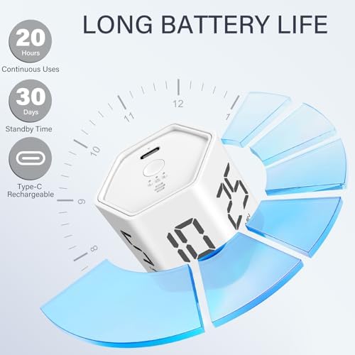 Rotating Productivity Timer 5, 25, 10 30,60 Mins Preset Stopwatch, Desk Flip ProductivityTimer, ADHD Tool Hexagon, Vibration/Mute/Alarm, for Work, Study, Back to School, Kitchen, 2 Pack White