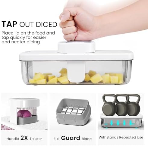KEOUKE 8-in-1 Vertical Vegetable Chopper Mandoline Slicer with Container White - Safe Tap Out Dicer with Hand Guard for Kitchen Easy Food Prep, Onion Potato Veggie Fruit