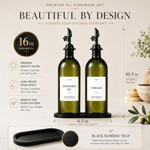 Olive Oil Dispenser for Kitchen, 2-Pack 16oz Glass Bottle with White Labels