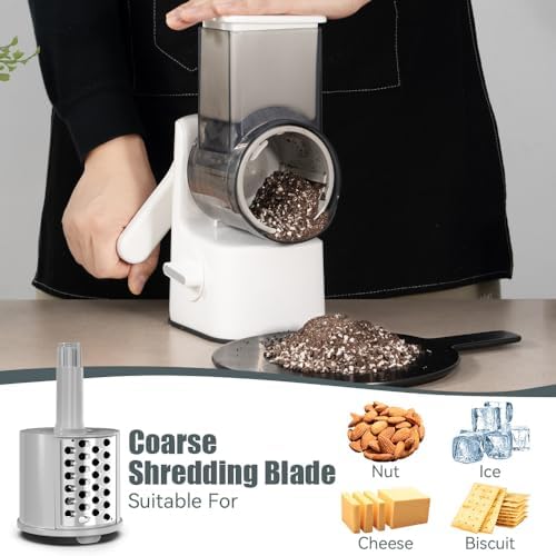 Safe Vegetable Mandoline Slicer Large Multifunctional Rotary Cheese Grater Hand Crank Easy Rotating Veggie Shredder Anti-Cutting, 3 Interchangeable Blades (WhiteGrey)