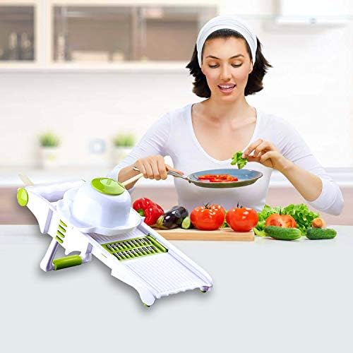 Mandoline Slicer – Adjustable Vegetable Mandolin, Fruit zucchini Slicer, French Fry Cutter,Crinkle Cutter Food Waffle,Julienne Grater,Garlic Grinder(White)