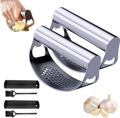Stainless Steel Garlic Press Rocker, 2026 New Heavy Duty Ergonomic Garlic Crusher Tool with Peeler and Brush for Smash Garlic Built-in Bottle Opener Kitchen Gadget (2sets)