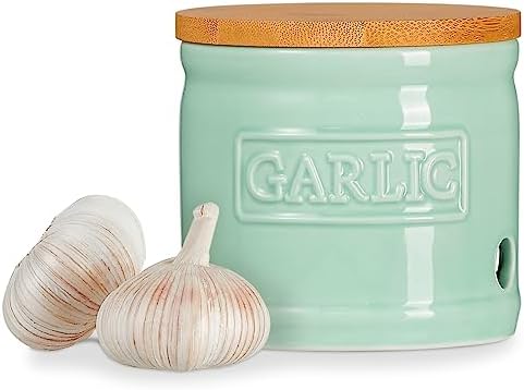 ONEMORE Garlic Keeper for Counter, Garlic Holder Countertop Storage Container, Garlic Saver Keeper with Lid, Ceramic Garlic Jar for Kitchen, Mint Green