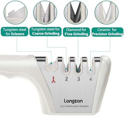 Longzon 5-in-1 Knife Sharpener 4 Stage with Cut-Resistant Glove, Off-white