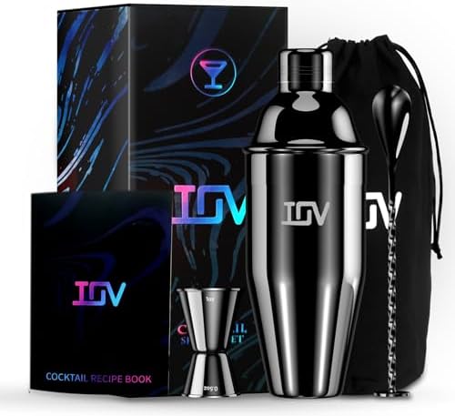 IOV Cocktail Shaker Bar Set, 24oz Martini Shaker with Built-in Strainer, Bar Tool Kit with Recipes Booklet, Professional Stainless Steel Large Bartender Drink Shaker Margarita Alcohol Mixer-Black