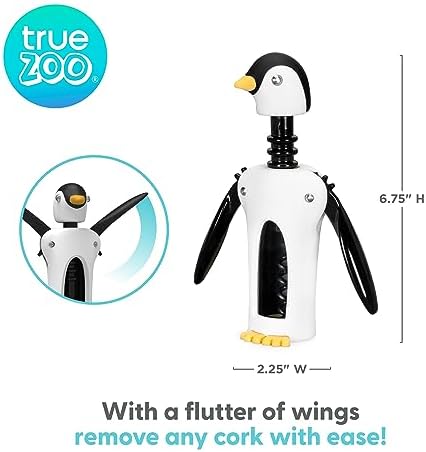 True Zoo Kingsley the Penguin Corkscrew Wine Opener, Winged Design with Easy Grip Soft Touch Wings, Stainless Steel and Plastic with Sharp Screw for Wine Bottles, Home Bar, Kitchen, Novelty Gifts