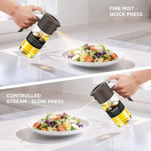PLAPITATE 17oz/500ml Premium Olive Oil Sprayer for Cooking, 2 in 1 Glass Olive Oil Dispenser Bottle for Kitchen Gadgets, Spray Bottle with Portion Control for Salad, Frying, BBQ (Gray)