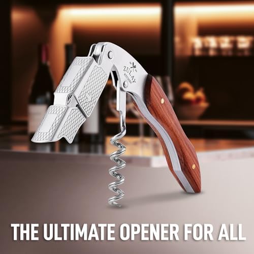 Zulay Kitchen Corkscrew Wine Opener - Premium 420 Stainless Steel & Rosewood Wine Bottle Opener - Double Hinged Opener with Foil Cutter & Cap Remover - Rosewood
