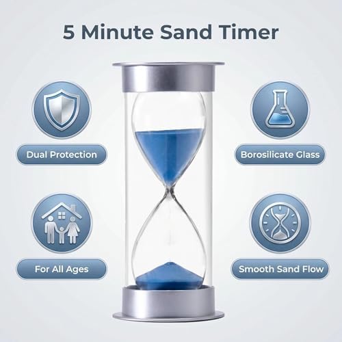 Hourglass Sand Timer 5 Minutes, Dual Protection Hour Glass with Sand, Sand Timer for Kids Safety, Sand Clock Watch, Creative Gift, Living Room Office Decorative (Silver Cover with Blue Sand)