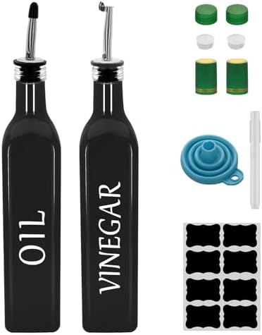 Olive Oil Dispenser Bottle,2 Pcs 17oz 500ml Glass O il and Vinegar Dispenser Set with 2 Stainless Steel Pourers, 8 Labels,Funnel Vinegar Bottles for Kitchen (Black)