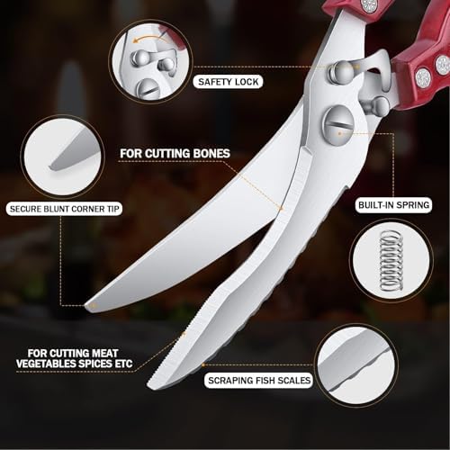 Dream Reach Poultry Shears Red - Heavy Duty Stainless Steel Kitchen Shears