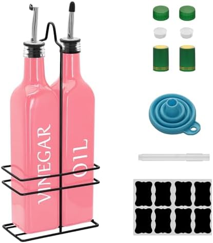 Farmhouse Oil and Vinegar Dispenser Set, 17 oz, beautiful olive oil dispenser, includes a black steel rack and a funnel, vintage cruets for vinegar and oil (Pink)