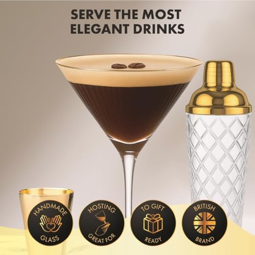 VEMACITY - Luxury Cocktail Shaker Set - Gold Glass Cocktail Shaker with Built-In Strainer + 2 Ribbed Espresso Martini Glasses with Gold Rims, Bar Spoon & Jigger | Ideal for Home Mixology