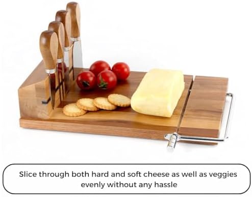 Cheese Slicer (11.7” x 9” x 3”) - Acacia Wood Board Cheese Cutter with Wire - 4 Magnetic Cheese Knife Set w/ Anti-Slip Board - Stainless Steel Cheese Slicers for Block Cheese w/ Replacement Wire