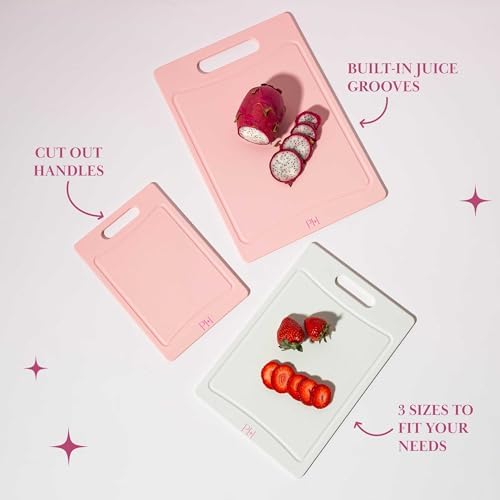 Paris Hilton Cutting Boards for Kitchen, Reversible Dual Sided Plastic Cutting Board Set with Juice Grooves, Easy Grip Handle, Heavy Duty and Made Without BPA, Dishwasher Safe, 3-Piece, Pink and Cream