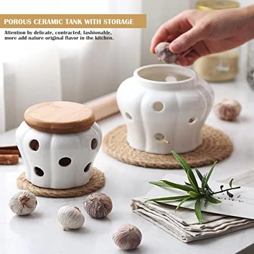 DOERDO White Ceramic Garlic Keeper Jar Container for Food Storage with Lid, Garlic and Ginger Storage Container, 5.1" x 4.3"