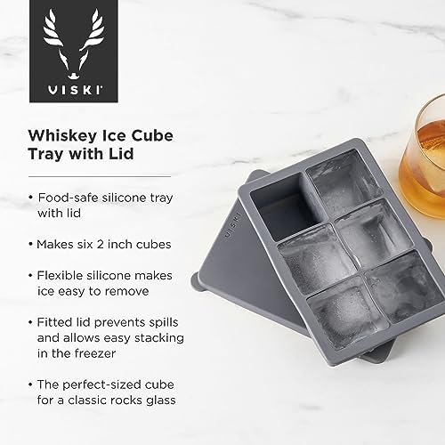 Viski Ice Cube Tray with Lid, Easy Release Large Silicone Mold, 2 Inch Ice Cubes for Whiskey, Cocktails, Mixed Drinks, Iced Coffee, Kitchen & Home Bar Accessories, Man Cave Gifts, Set of 1, Gray