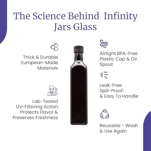 Infinity Jars Black Ultraviolet Square Glass Oil Bottle 500Ml(17 fl oz) w/Plastic Pour Spout, Airtight Round Easy Refill Vinegar Cruet Cooking Oil Dispenser Bottle, Olive Oil Bottle for Kitchen 3-Pack