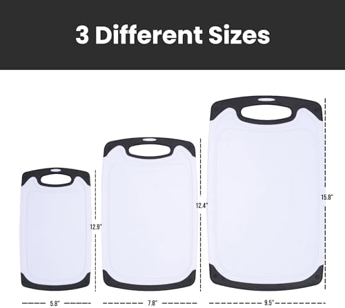 Cutting Boards for Kitchen, Plastic Cutting Board Set of Small to Large Size, Chopping Board with Cutting Board Holder - Non Slip, Groove, Dishwasher Safe, BPA Free - 3 Pack Black/White