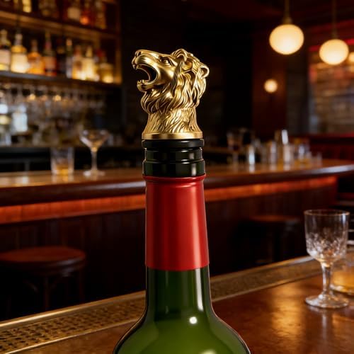 Lion Wine Pourer Aerator (Gold), Roaring Animal Bottle Pour Spout, Zinc Alloy Drip-Free Stopper Attachment for Men, Dad Gifts, Leo Zodiac, Bar Cart