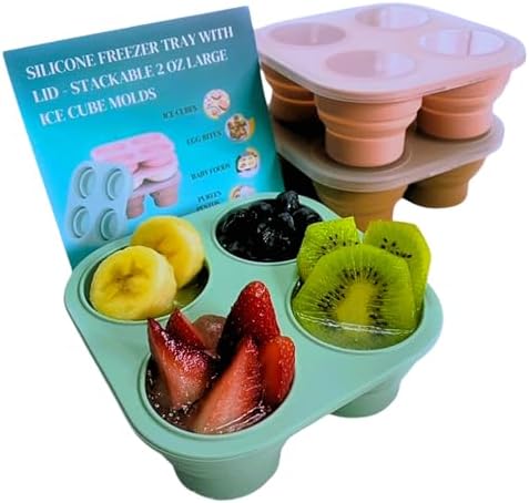 Silicone Freezer Tray with Lid - Stackable 2 oz Large Ice Cube Molds for Homemade Purees, Egg Bites, Broth Food Storage - Dishwasher Safe - 3 Pack