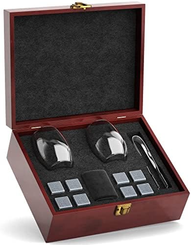 Premium Chill Rocks Whiskey Gift Set - Whisky Scotch Chilling Stones - 2 Glasses + 8 Beverage Cooling Soapstones + Stainless Steel Tongs + Velvet Storage Pouch – Luxury Wooden Gift Box - Men’s Gift
