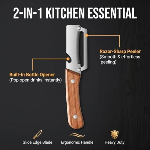 3-in-1 Scallion Shredder & Peeler, 2-in-1 Serrated Peeling Knife Premium Vegetable Peeler with Wooden Handle & Built-In Bottle Opener, Multi-purpose Peeler and Julienne Shredder Set