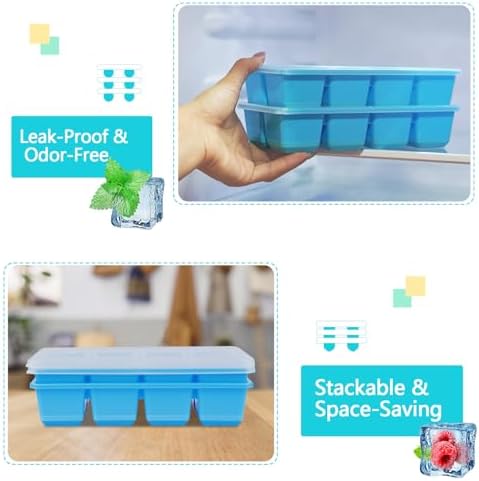 Large Ice Cube Trays 2 Pack, Silicone Easy-Release and Flexible Ice Cube Molds with Lids,1.8" Big Square Cubed Ice Trays for Whiskey and Cocktail, BPA Free and Dishwasher Safe (Blue)