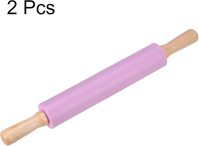 HARFINGTON 2pcs Silicone Rolling Pins for Baking 16.93 Inch Non-Stick Silicone Surface Wooden Handle Rolling Pin Small Roller Playdough Rolling Pins for Fondant Kitchen Dough Pizza, Purple