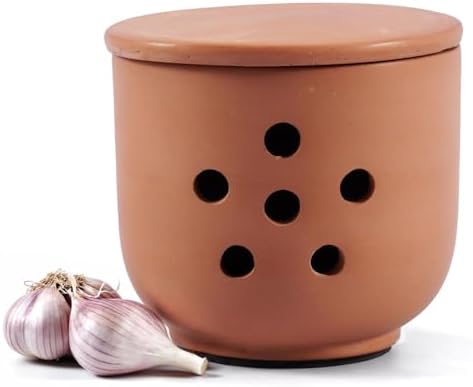 EARTHEN CRAFTS Terracotta Garlic Keeper 4.5" Handmade Clay Garlic Jar with Lid Storage Container for Gifts, Garlic Saver for Kitchen Countertop Decor for Fresh Garlic Cloves