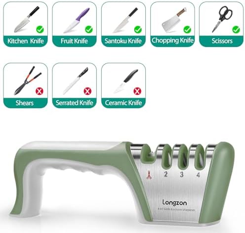Longzon 5-in-1 Knife Sharpener 4 Stage with Cut-Resistant Glove, Gray+Green