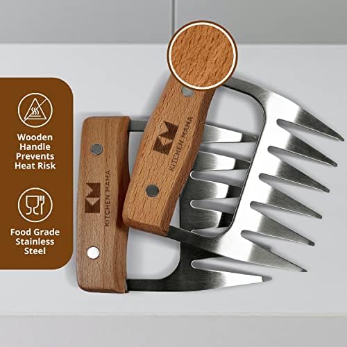 Kitchen Mama Meat Claws, Stainless Steel with Wooden Handle, 1 Pair