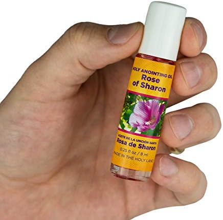 Rose of Sharon Anointing Oil from Israel Boxed Gift Set with Dispenser, Holy Jerusalem Oil & Gold Metal Keychain Bottle Container, Plastic Dropper & Small Glass Vial, Aceite Ungido y Botella
