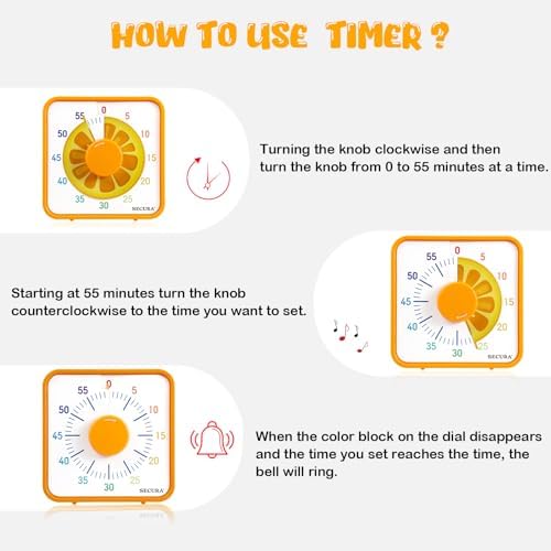 Secura 7.5-Inch Fruit Visual Timer for Kids, 60-Minute Countdown Timer for Classroom or Kitchen, Durable Mechanical Timer Clock with Magnetic Backing (Orange)