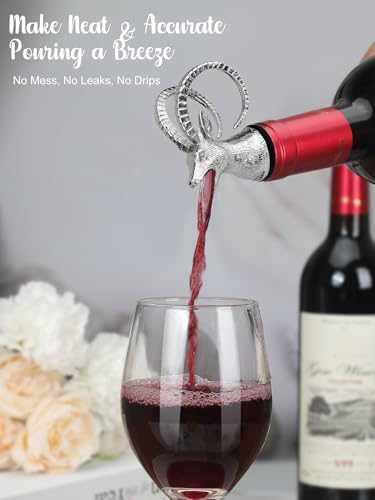 Ram Head Wine Pourer, Animal Wine Bottle Stopper and Liquor Pour Spout, Goat Antelope Wine Aerator with Silicone Rubber Fit, Metal Barware Gift for Wine Lovers, Fits Most Standard Bottles