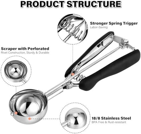 Large Cookie Scoop 3 Tbsp, Professional Stainless Steel Ice Cream Scoop 50mm, Cupcake Scoop Muffin Scoop for Baking, Good Soft Grips, Quick Trigger Release, 45ml (3 Tablespoon)