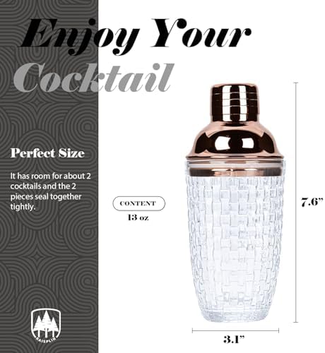 Glass Cocktail Shaker Set with Built-in Strainer - 14 ounces Margarita & Martini Mixer Bartender Tools for Whiskey, Coffee, Beverages, Durable Crystal clear Shaker Cup for Party, Home Bar & Gifts