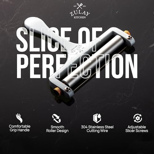 Zulay Kitchen Stainless Steel Wire Cheese Slicer - Adjustable Hand Held Cheese Cutter with 2 Extra Wires - Premium Cheese Shaver For Mozzarella, Cheddar, Gruyere - Cheese Cutter with Wire (White)