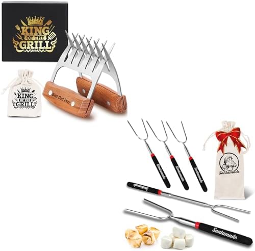 Christmas Dad Gifts, Best Dad Ever Gifts, Stainless Steel Meat Shredder Claws for Pulled Pork, Chicken BBQ Smoker Accessories, Grilling Gifts, Marshmallow Roasting Sticks Set of 5
