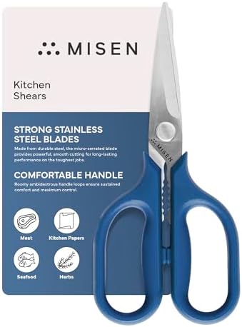 Misen Heavy Duty Kitchen Shears - Comfortable Ambidextrous Scissors for Meat, Poultry, Herbs & More - Easy to Clean - German Stainless Steel - Small | Blue