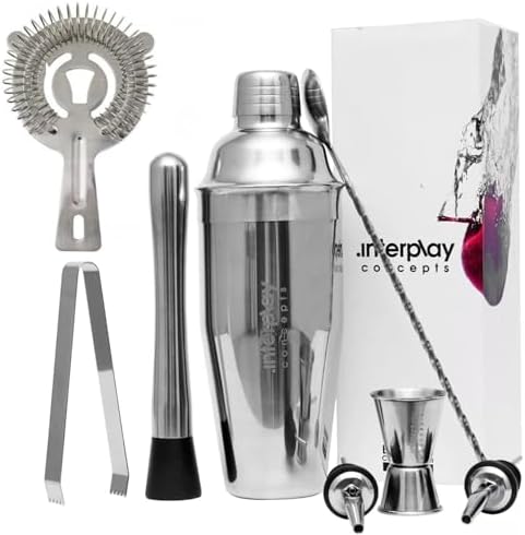 Interplay Concepts Cocktail Shaker Set, 8Pcs Stainless Steel Barware-Tool, Includes Jigger, Bar Spoon, Bottle Pourers, Tong, Strainer, 750ml Boston Shaker