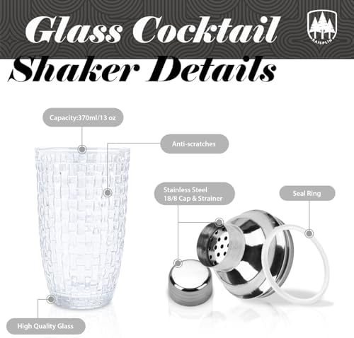 Glass Cocktail Shaker Set with Built-in Strainer - 13 ounces Martini & Margarita Mixer Bartender Tools for Whiskey, Coffee, Beverages, Durable Crystal clear Shaker Cup for Home Bar, Party & Gifts