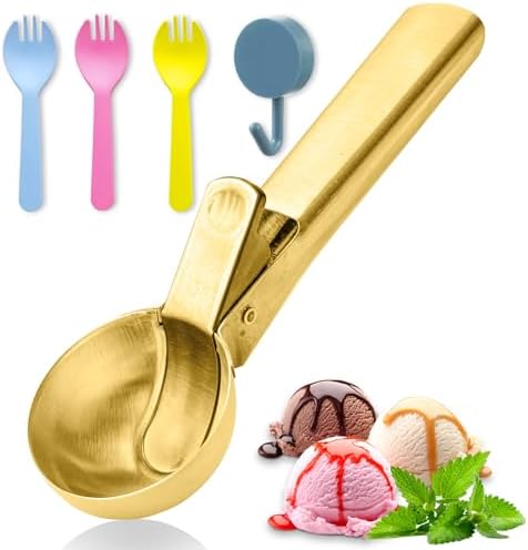 Ice cream scoop, a portable stainless steel ice cream scoop with trigger device and comfortable handle, suitable for DIY mixed ice cream, fruits, frozen yogurt, etc Large (1pcs Large golden)