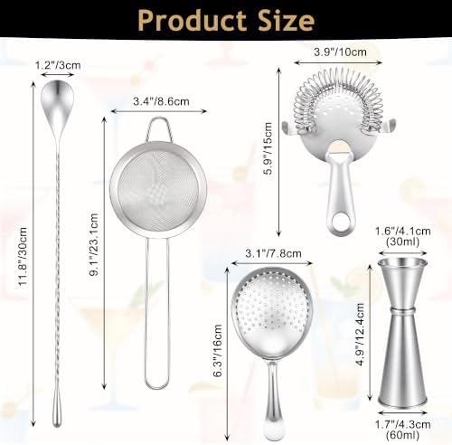 Yoption Cocktail Strainer Set, Stainless Steel Bar Tools with Mixing Stirring Spoon, Julep, Hawthorne, Fine Mesh Strainer and Jigger for Bartending